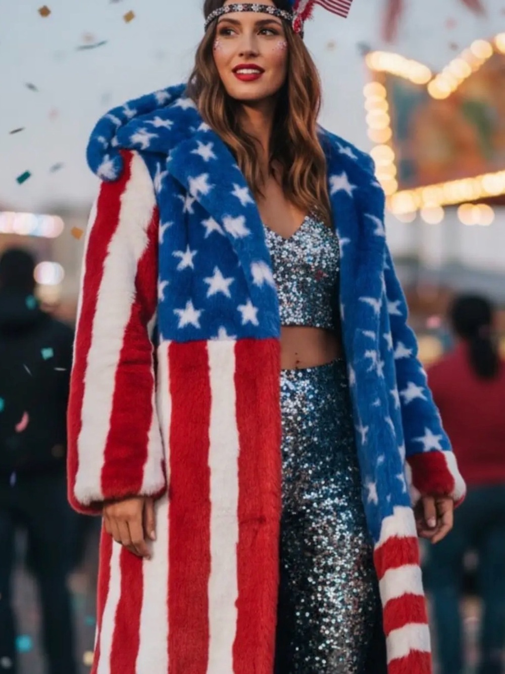 Best Seller! Nu Shuz Key West Red White & Blue Faux Fur Star Spangled Teddy Coat
